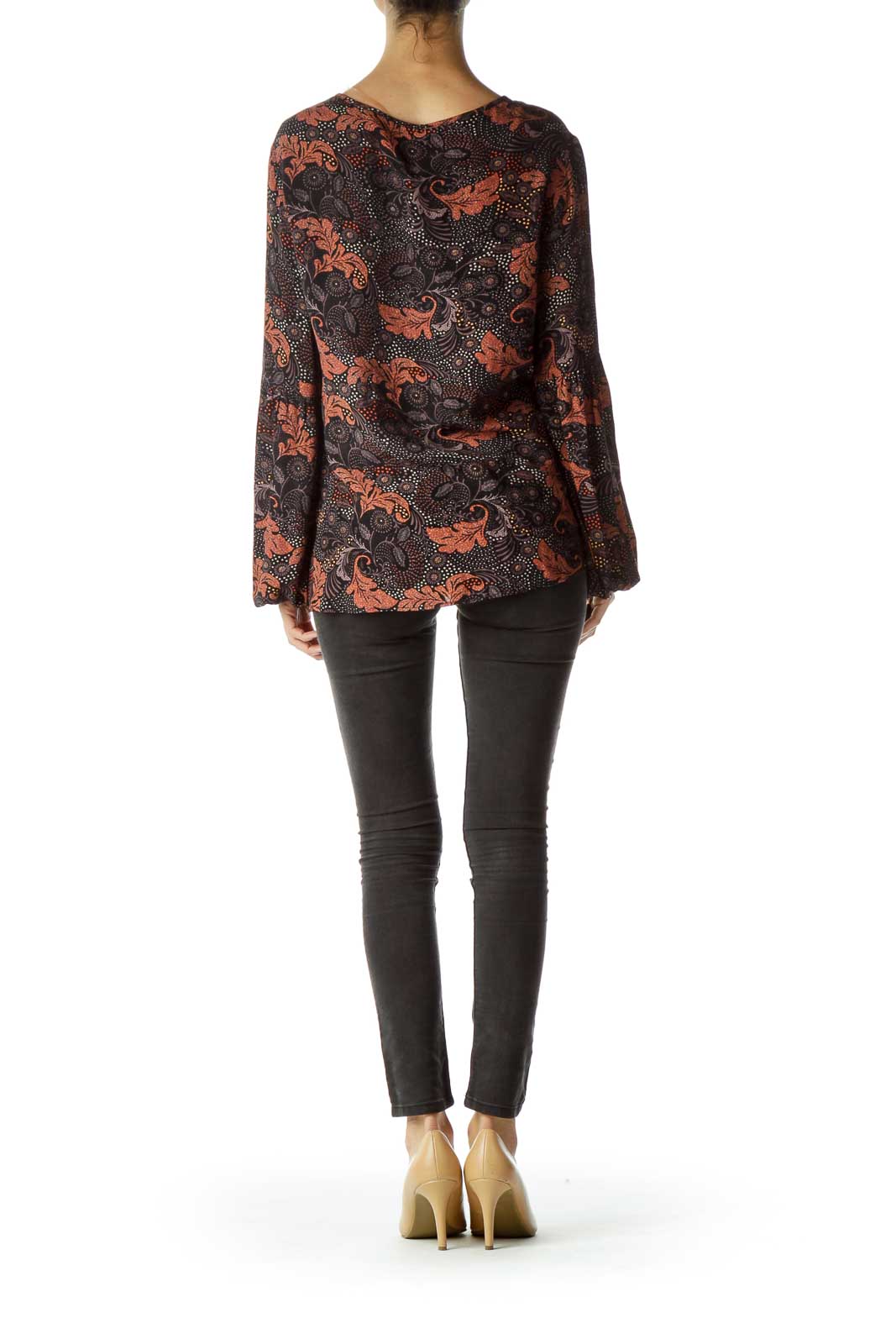 Black Printed Long Sleeve Tie Blouse