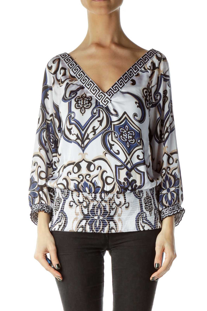 Cream Printed 3/4 Sleeve Ruched Blouse