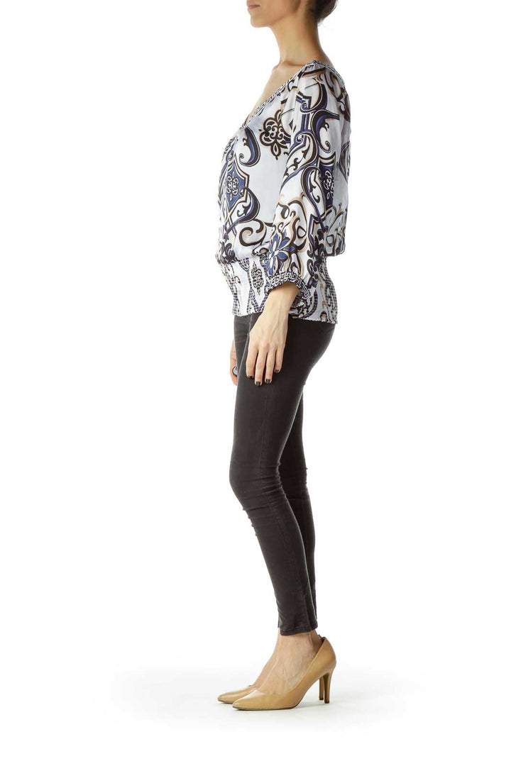 Cream Printed 3/4 Sleeve Ruched Blouse