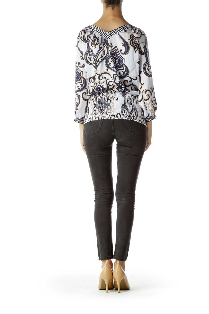 Cream Printed 3/4 Sleeve Ruched Blouse