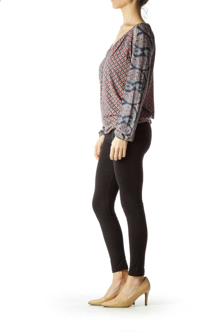 Navy Print V-Neck Long Sleeve Shirt with Buttons