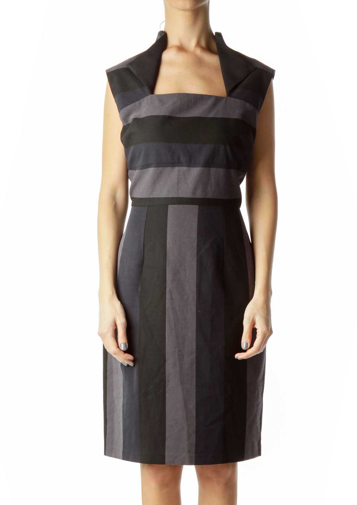 Black Navy Gray Striped Sheath Dress with Collar