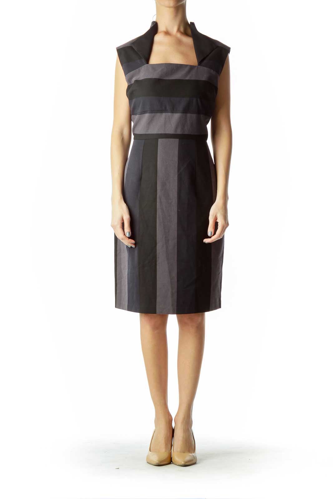 Black Navy Gray Striped Sheath Dress with Collar