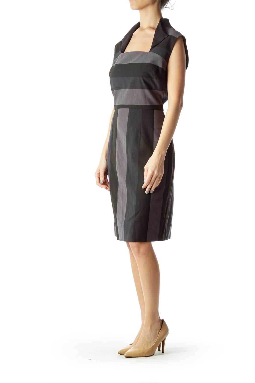 Black Navy Gray Striped Sheath Dress with Collar