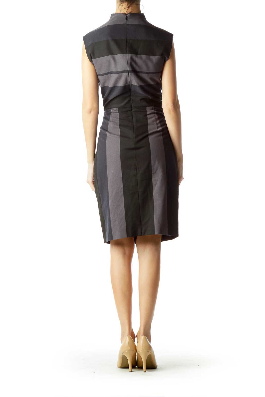 Black Navy Gray Striped Sheath Dress with Collar