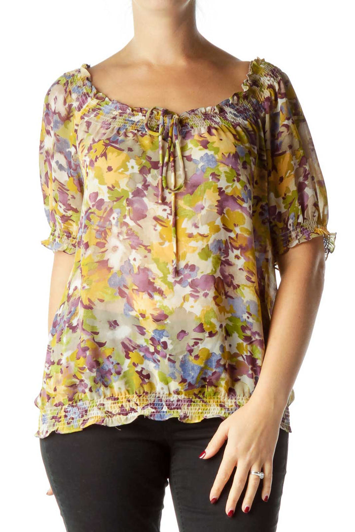 Yellow Purple Flower Print Sheer Blouse