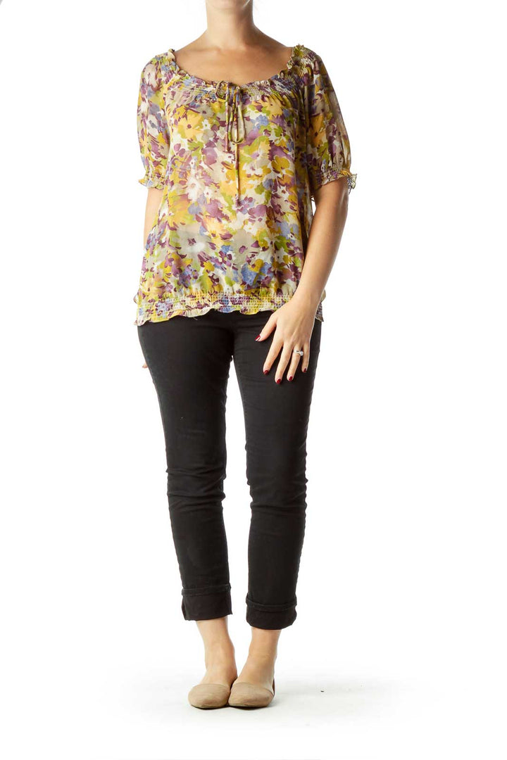 Yellow Purple Flower Print Sheer Blouse