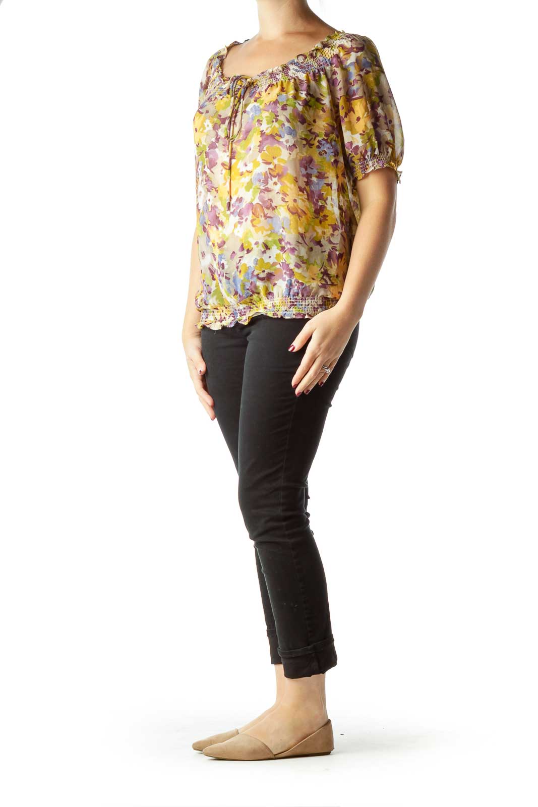 Yellow Purple Flower Print Sheer Blouse