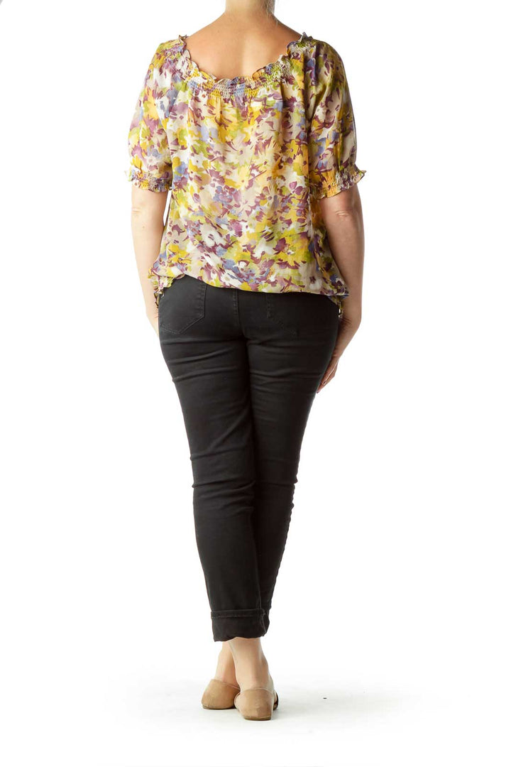 Yellow Purple Flower Print Sheer Blouse