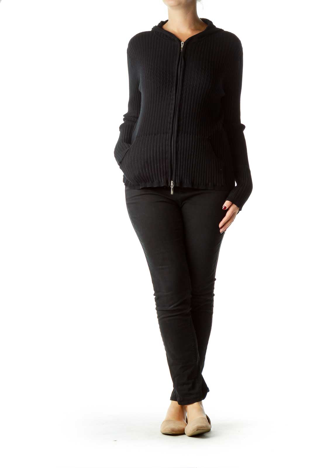 Black Hooded Zippered Cardigan