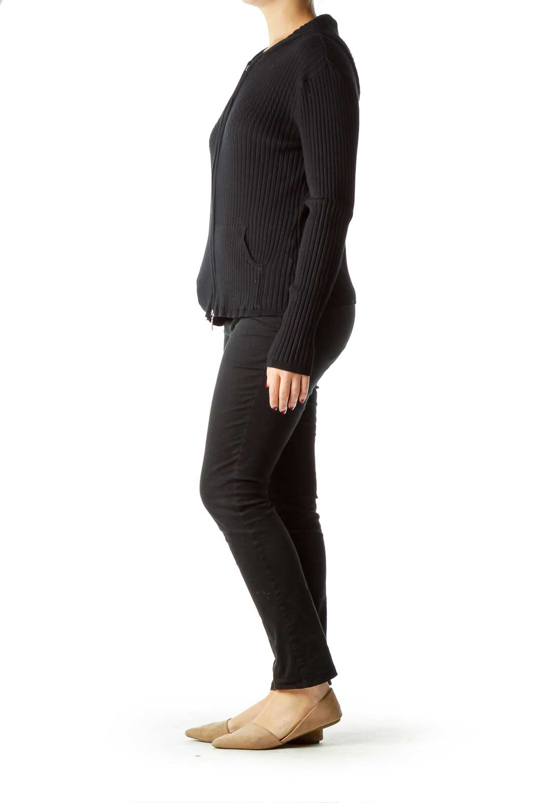 Black Hooded Zippered Cardigan