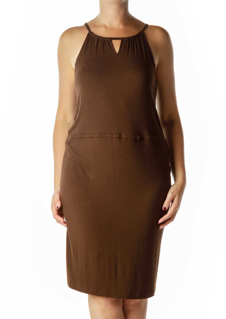 Brown Jersey Spaghetti Strap Day Dress