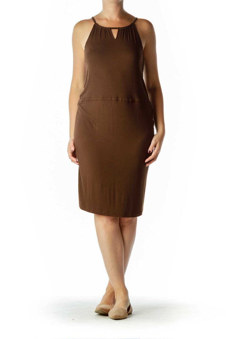 Brown Jersey Spaghetti Strap Day Dress