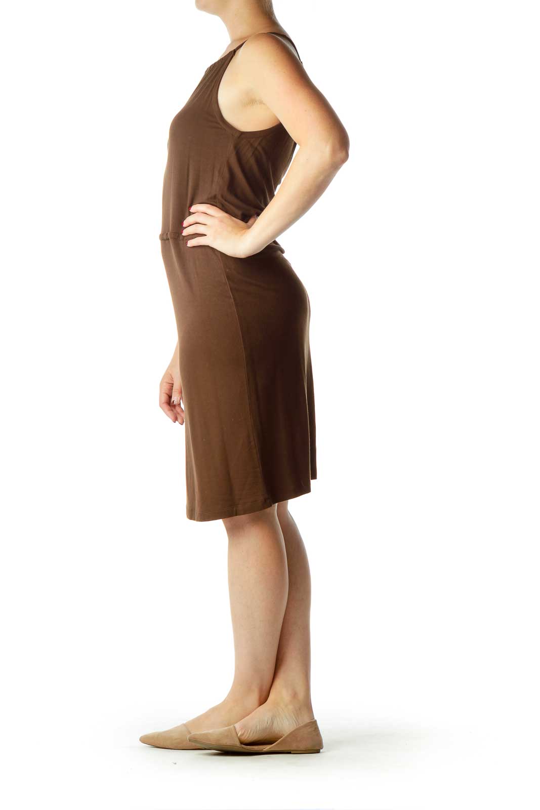 Brown Jersey Spaghetti Strap Day Dress