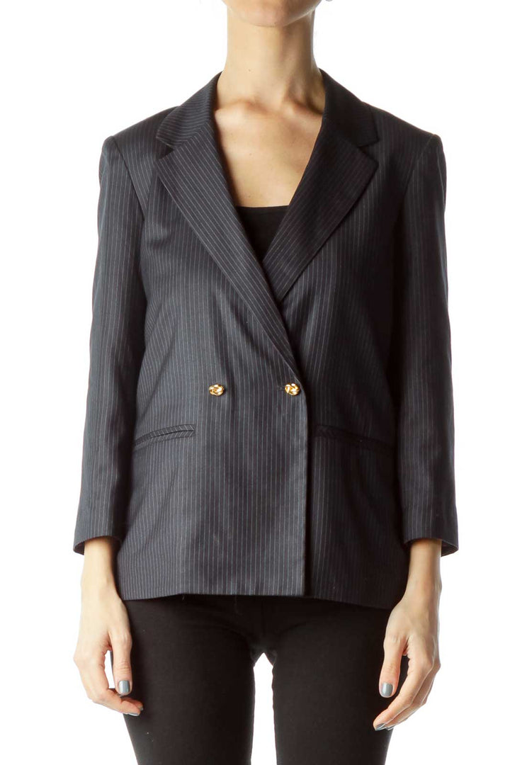 Navy Pinstripe Cropped Sleeve Blazer