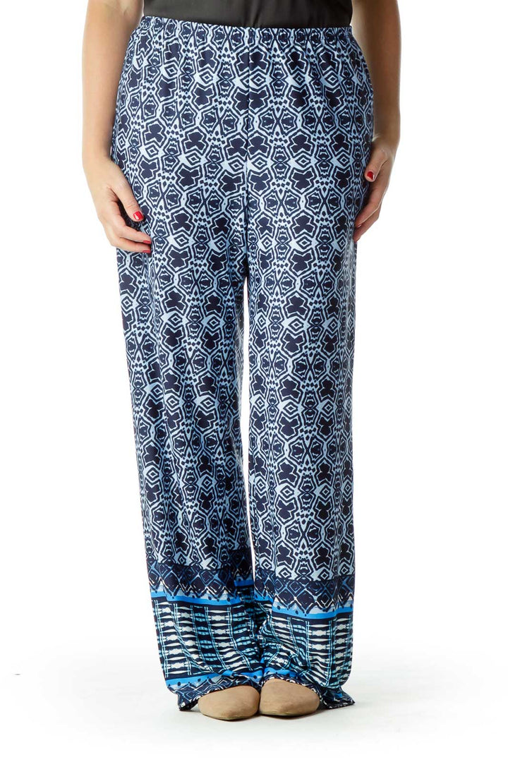 Navy Blue Printed Wide-Leg Pants