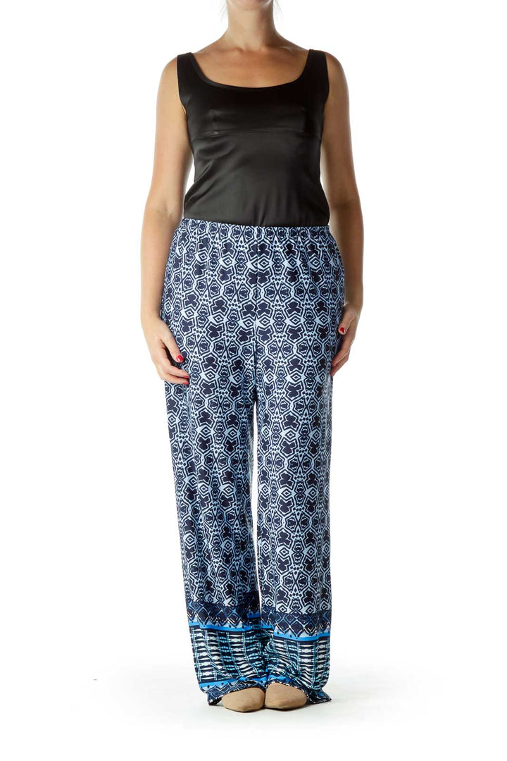 Navy Blue Printed Wide-Leg Pants