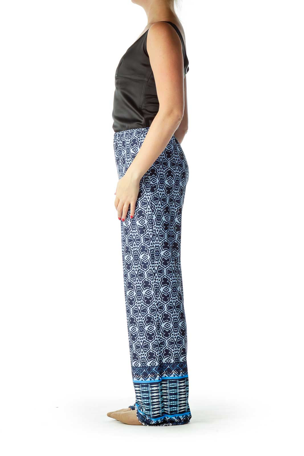 Navy Blue Printed Wide-Leg Pants