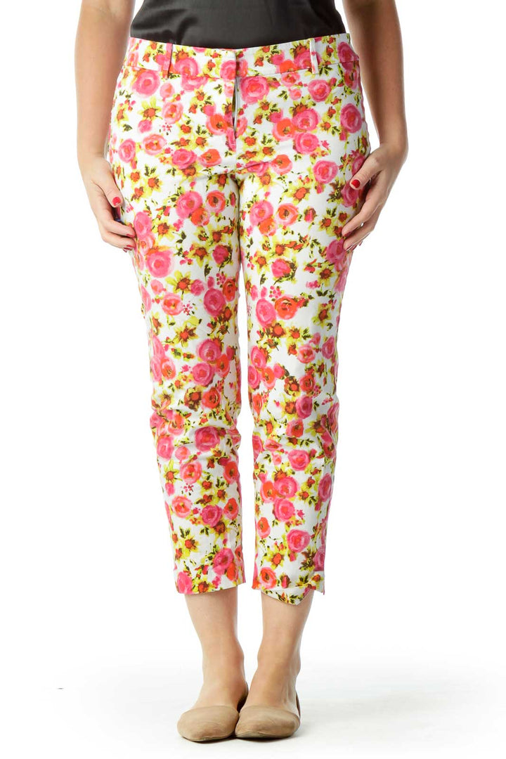 Pink Yellow Flower Print Cropped Pants