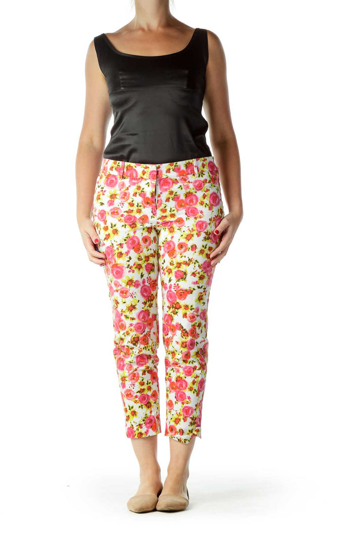 Pink Yellow Flower Print Cropped Pants