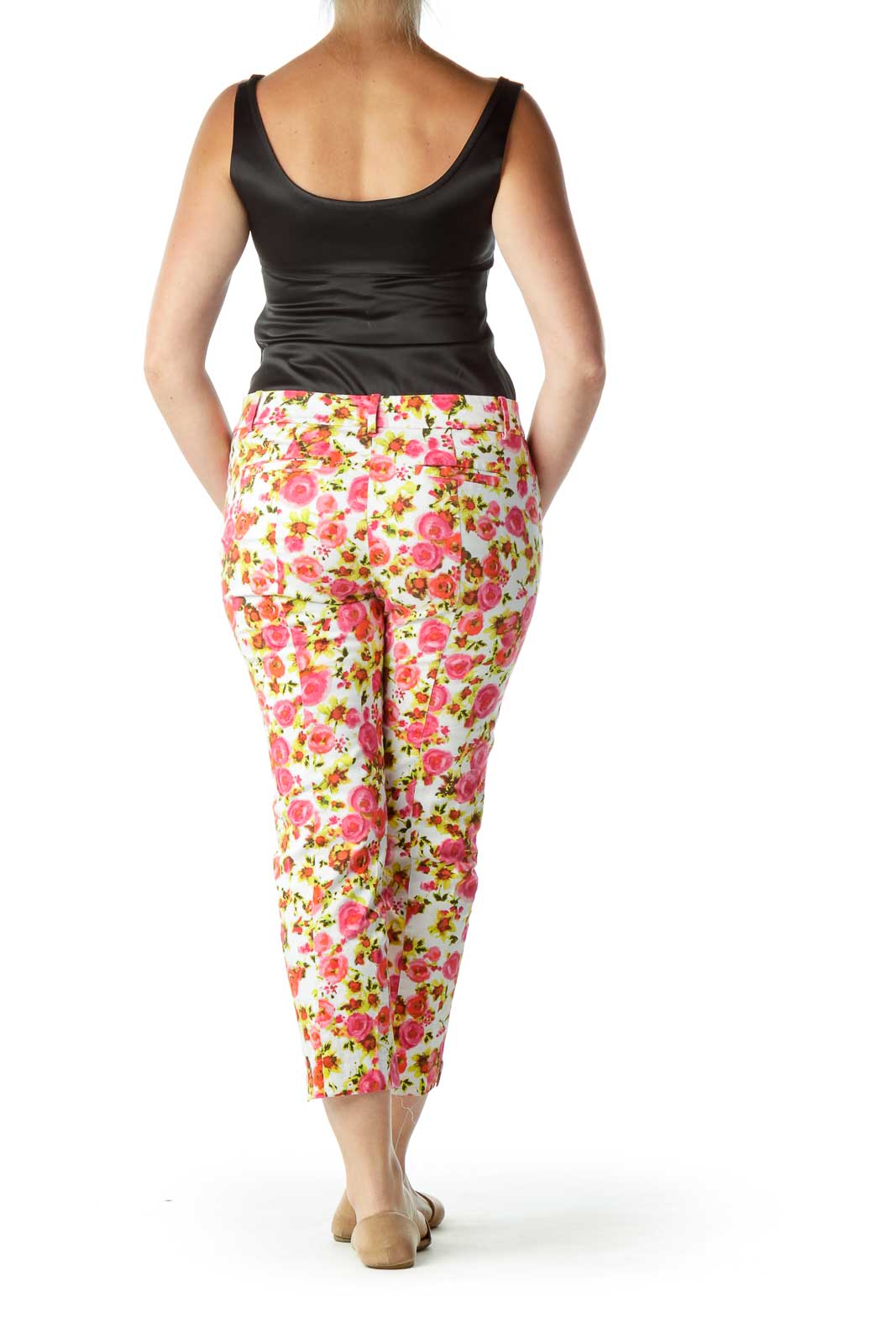 Pink Yellow Flower Print Cropped Pants