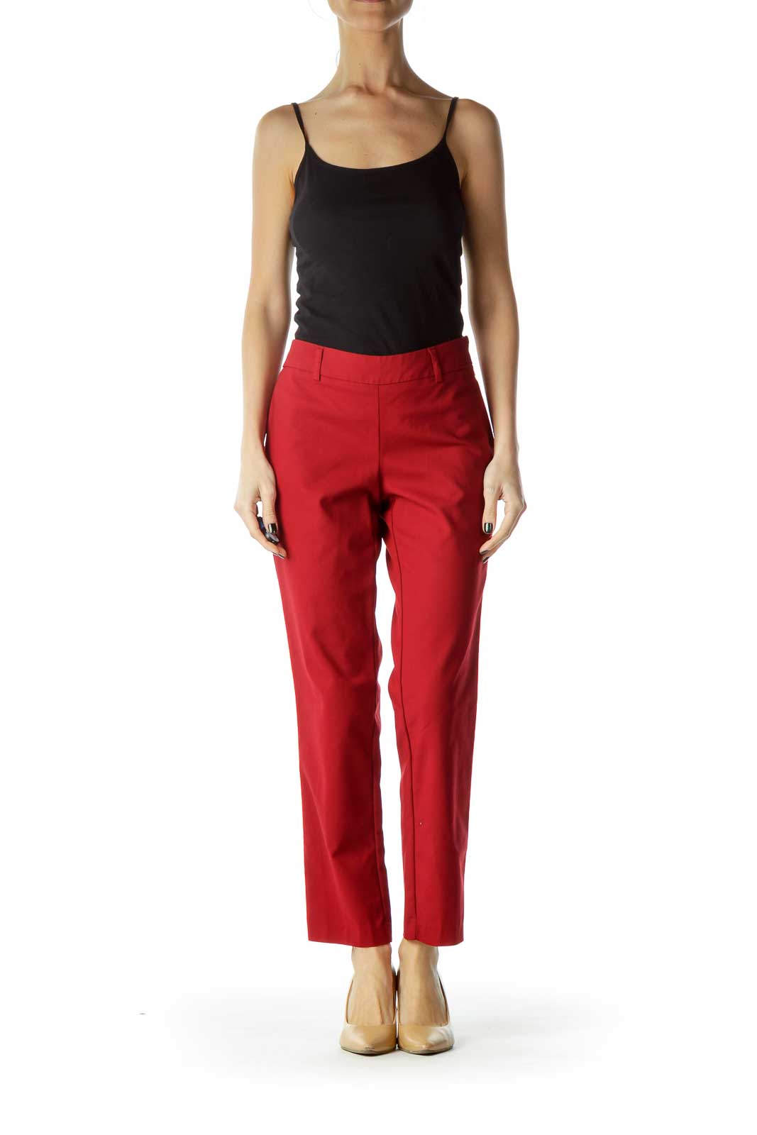 Red Straight-Leg Fitted Slacks