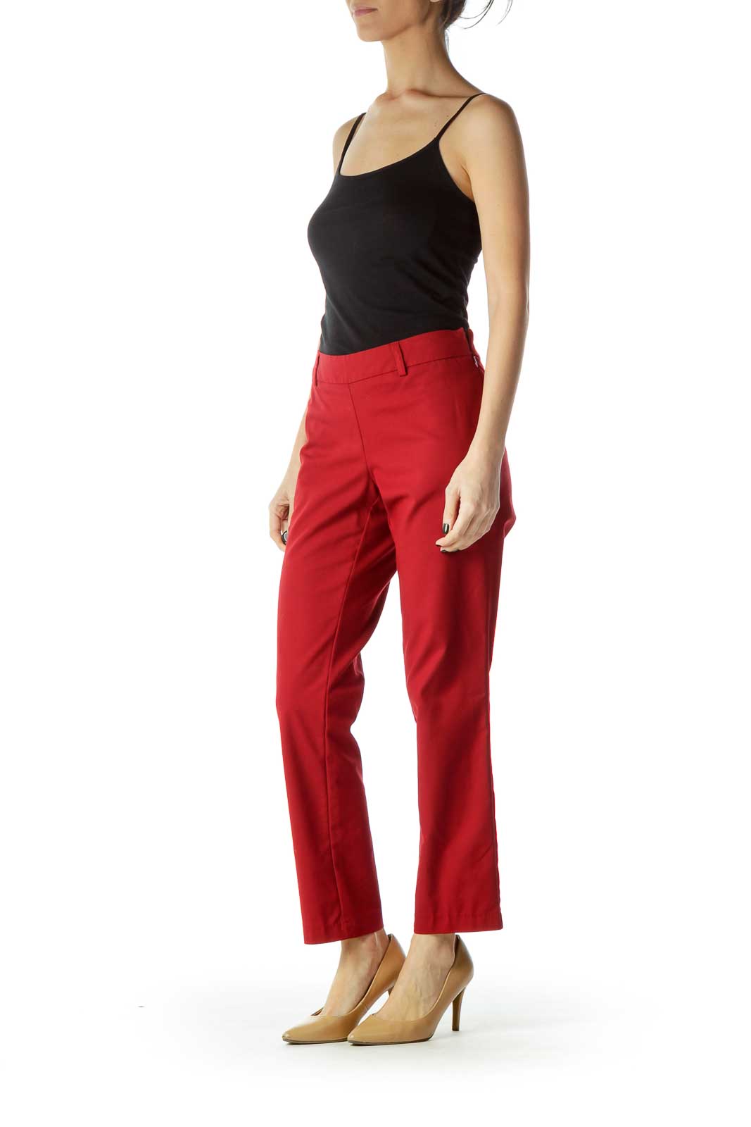 Red Straight-Leg Fitted Slacks