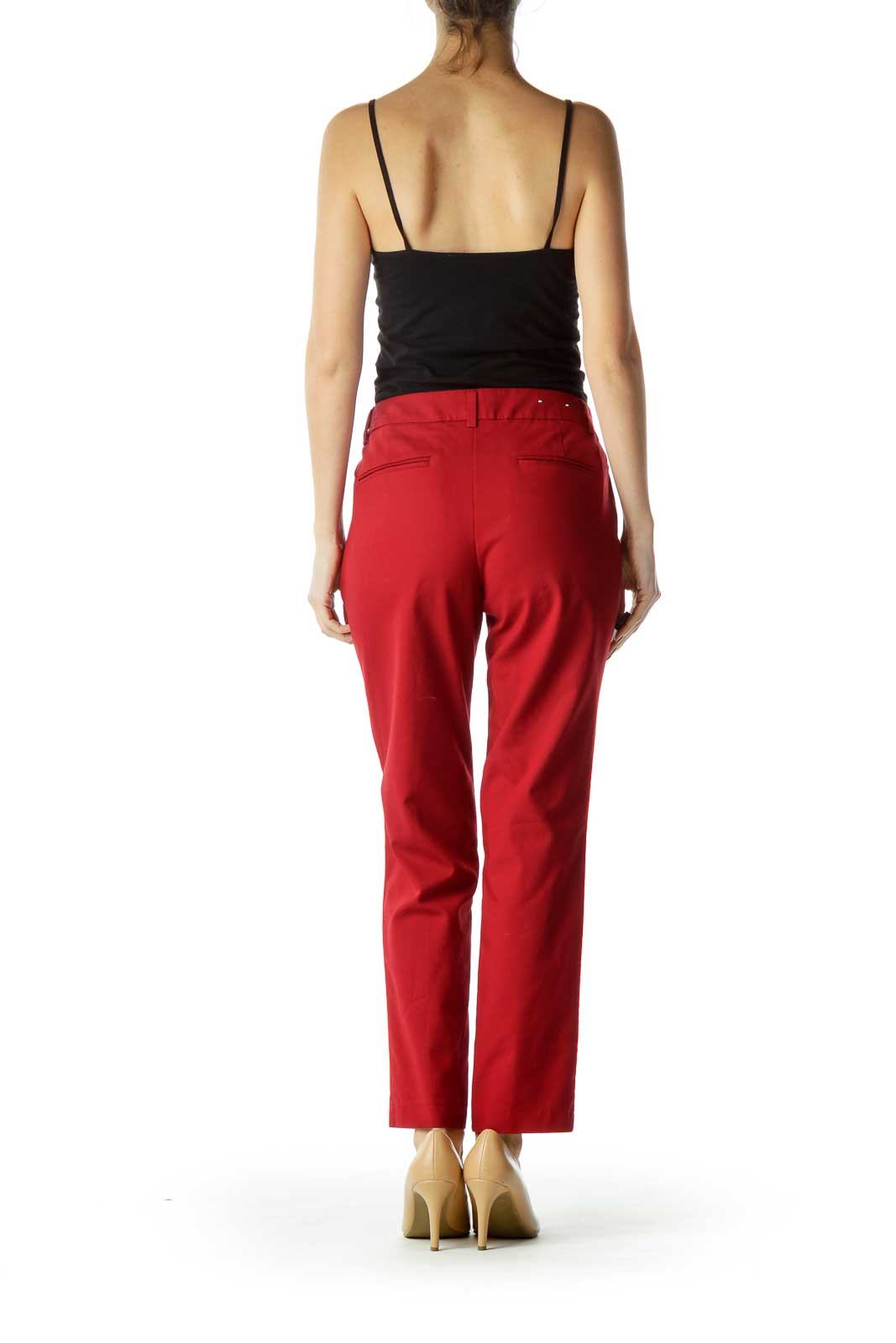 Red Straight-Leg Fitted Slacks