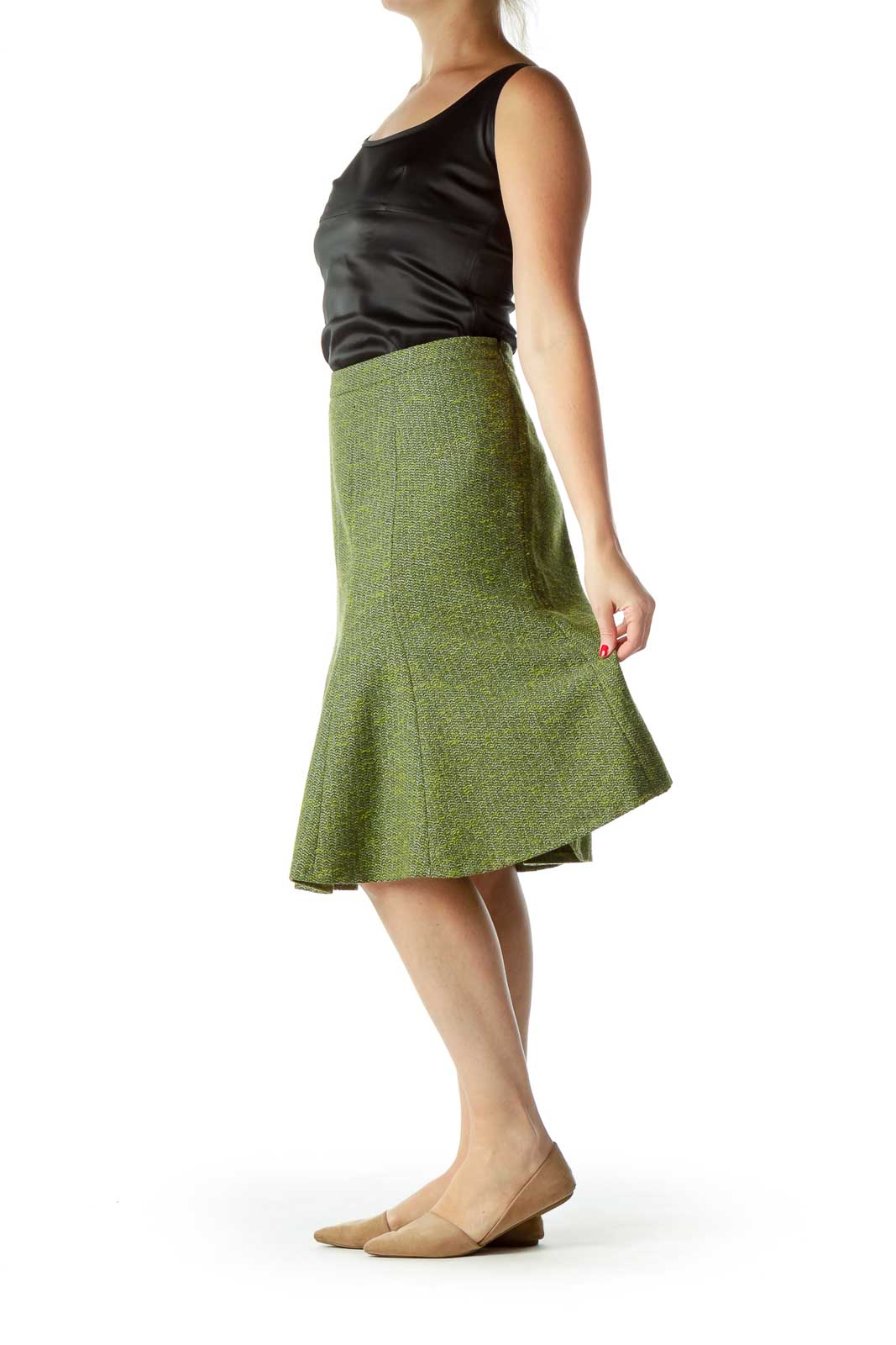 Green Tweed Pleated Skirt