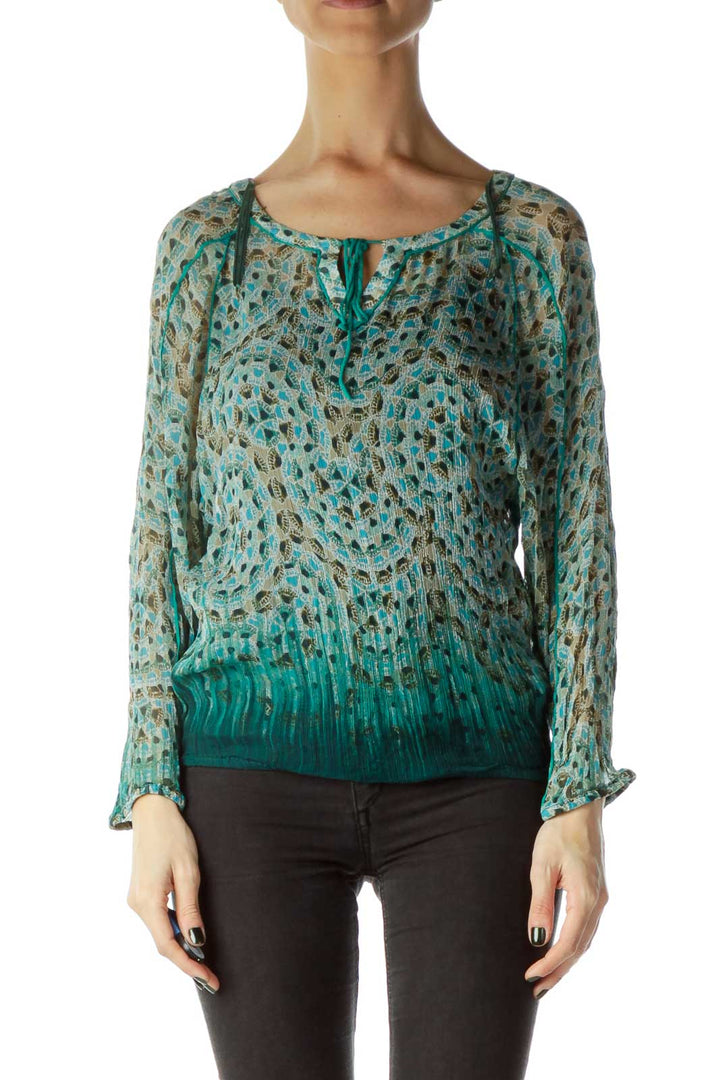 Green Print Sheer Blouse