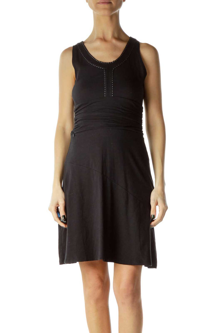 Black Scrunched Day Dress with White Stitch