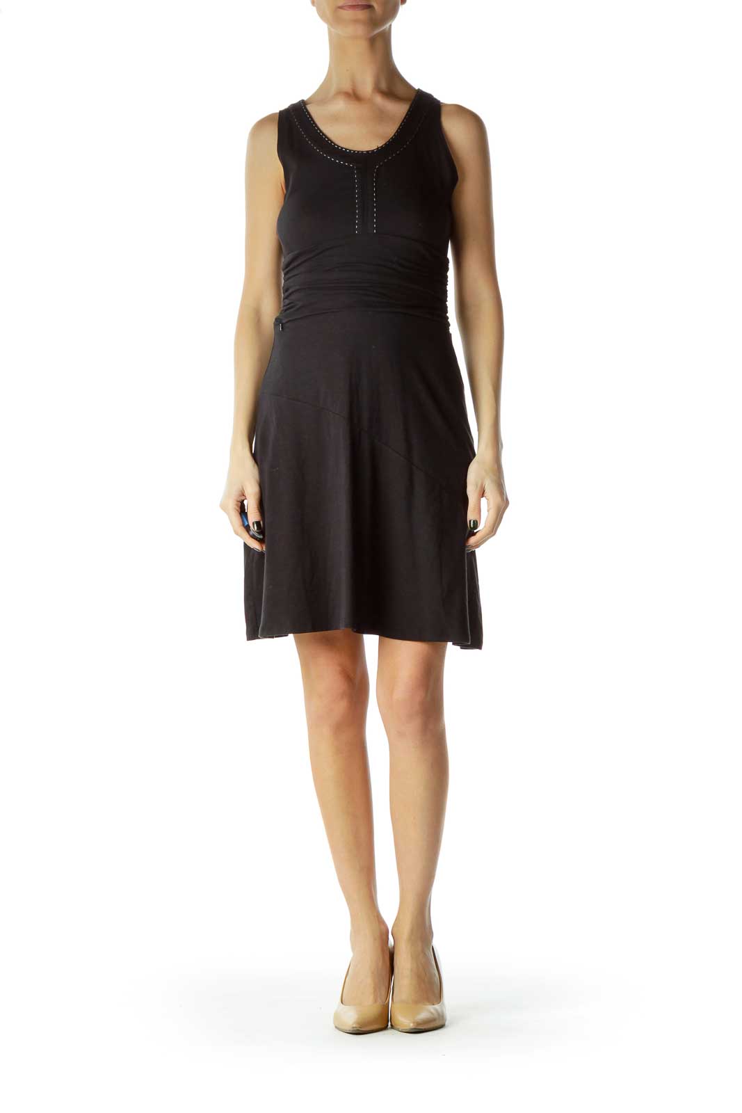 Black Scrunched Day Dress with White Stitch