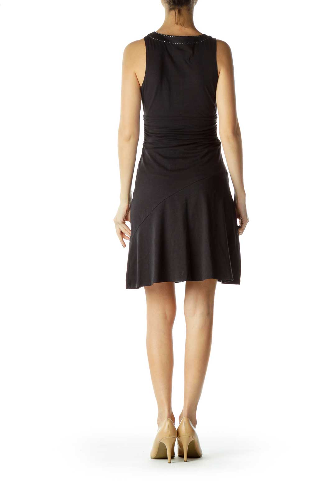 Black Scrunched Day Dress with White Stitch