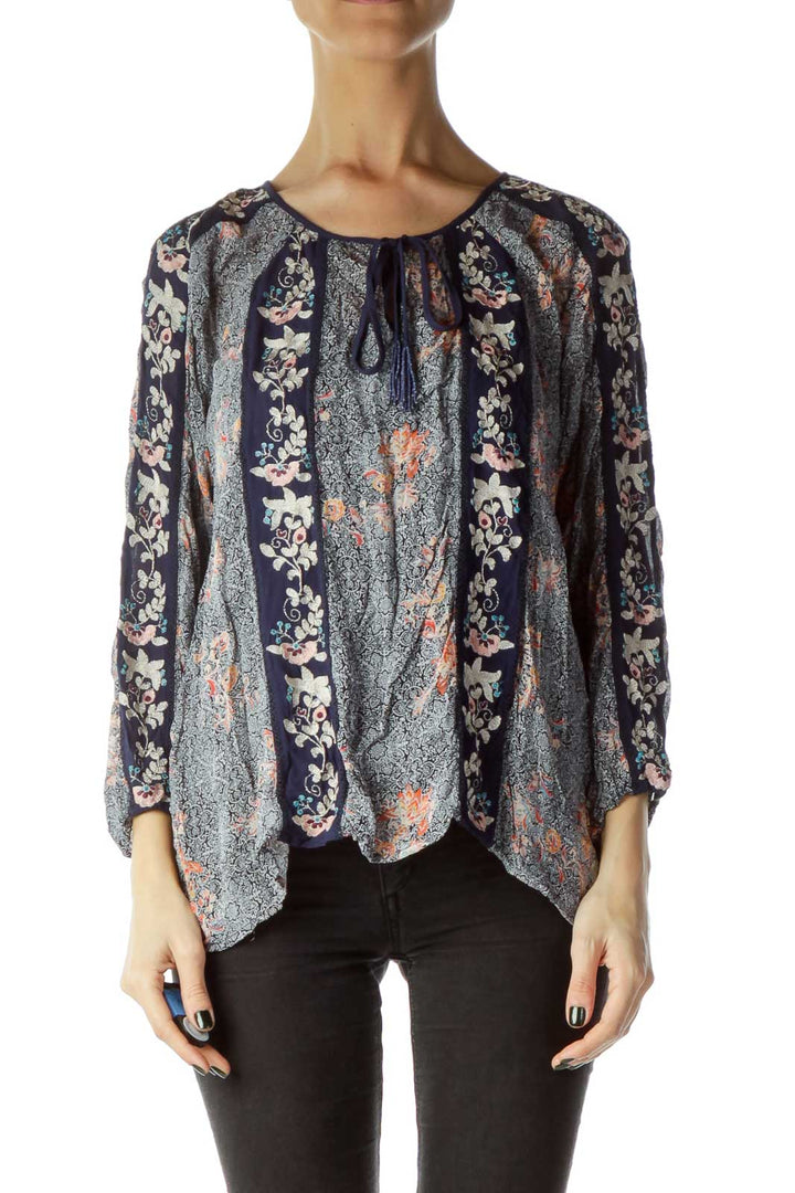 Navy Printed Embroidered 3/4 Sleeve Blouse