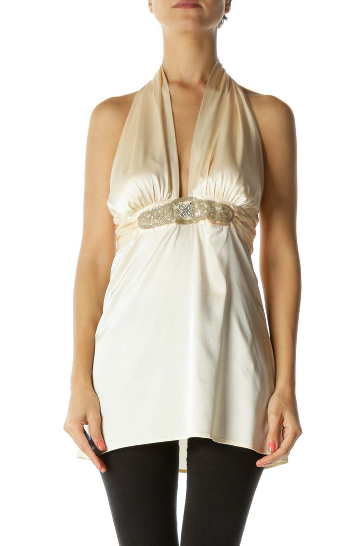 Cream Beaded Halter with Tie