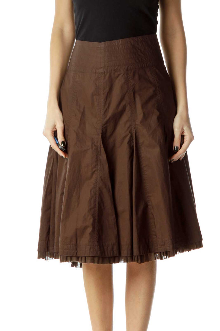 Brown Pleated A-Line Skirt