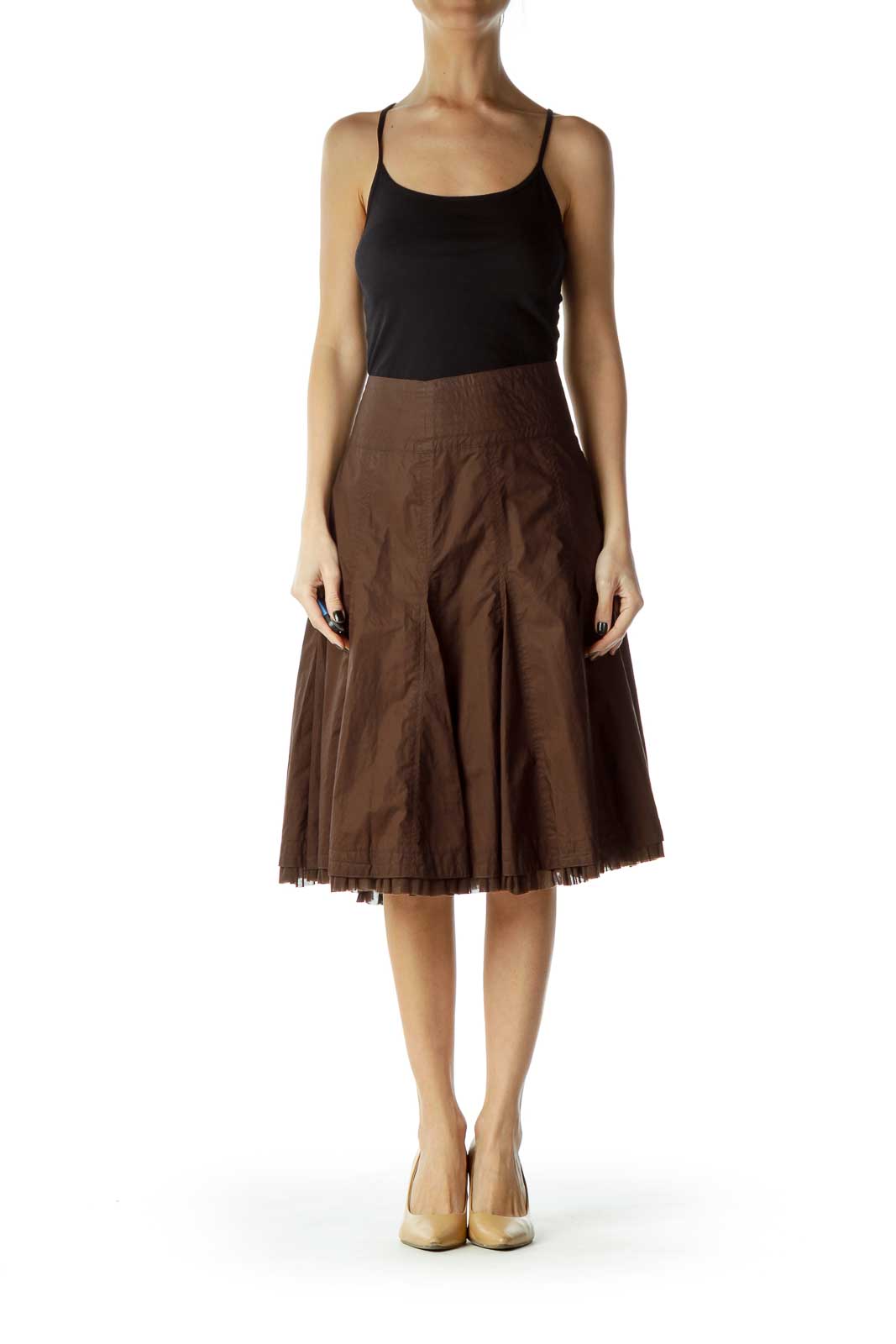 Brown Pleated A-Line Skirt