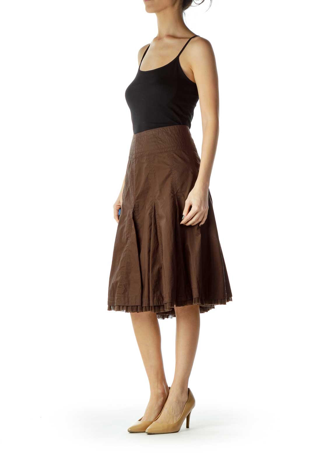 Brown Pleated A-Line Skirt