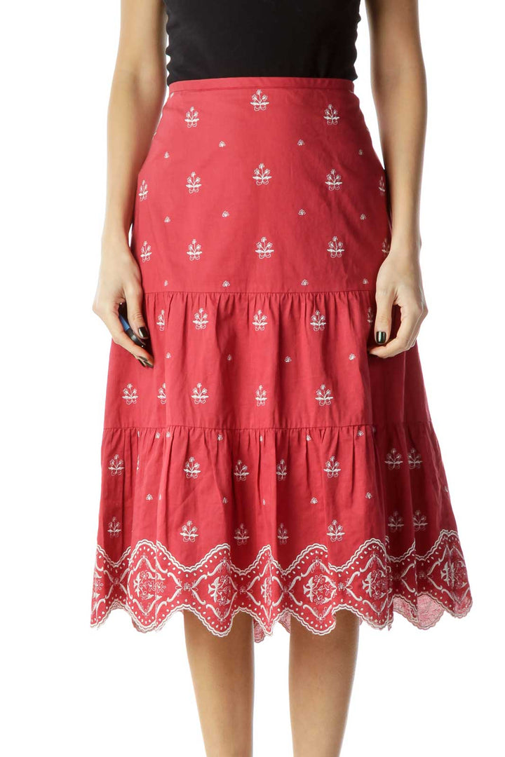 Red White Pleated Embroidered Skirt