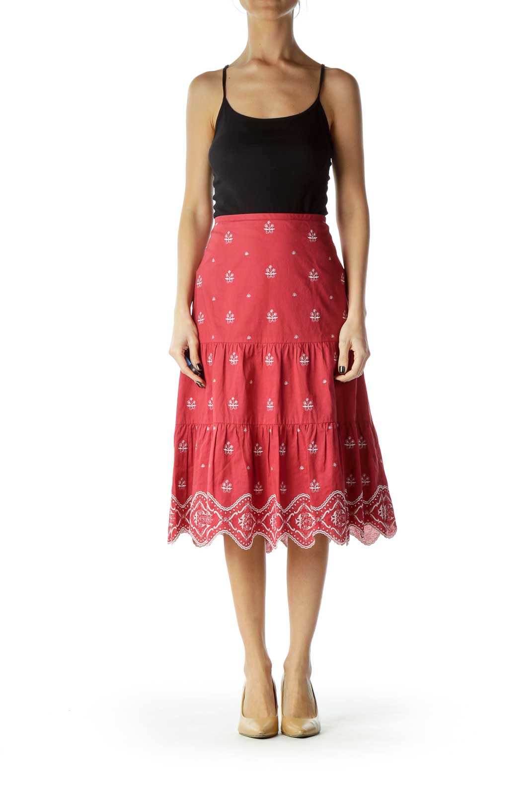 Red White Pleated Embroidered Skirt