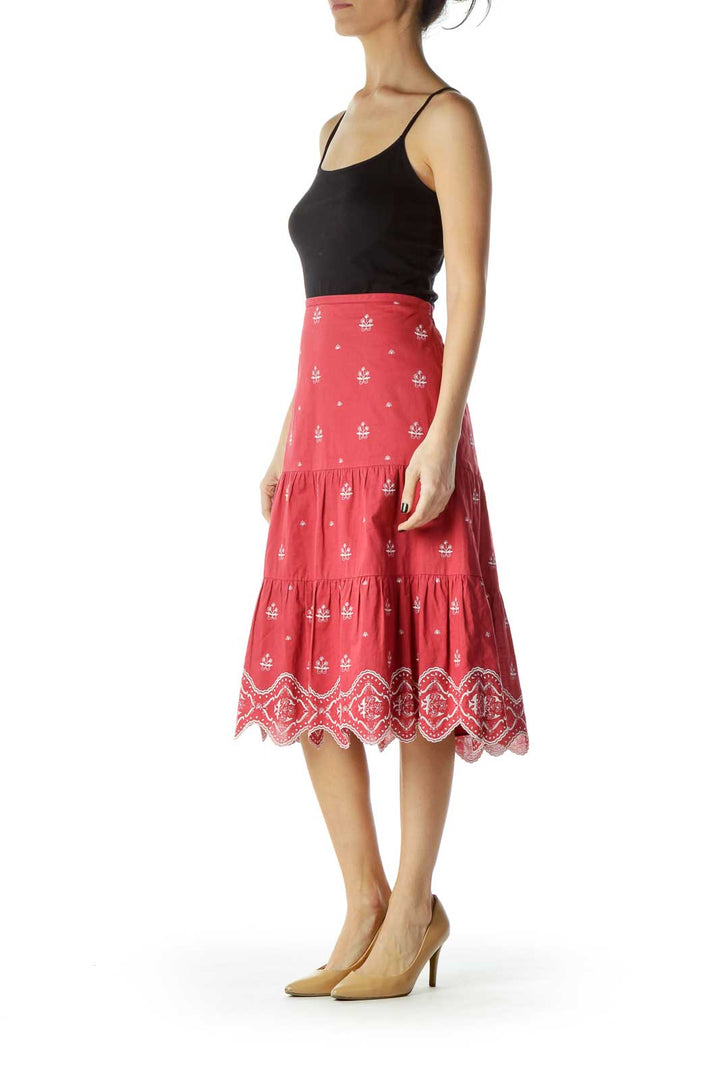 Red White Pleated Embroidered Skirt