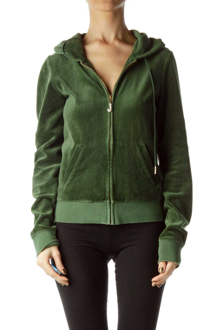 Green Hooded Velvet Full Zip Sweatshirt