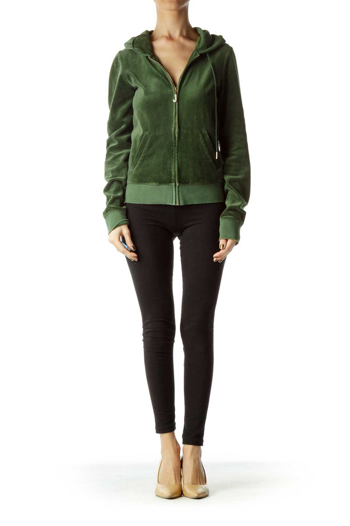 Green Hooded Velvet Full Zip Sweatshirt