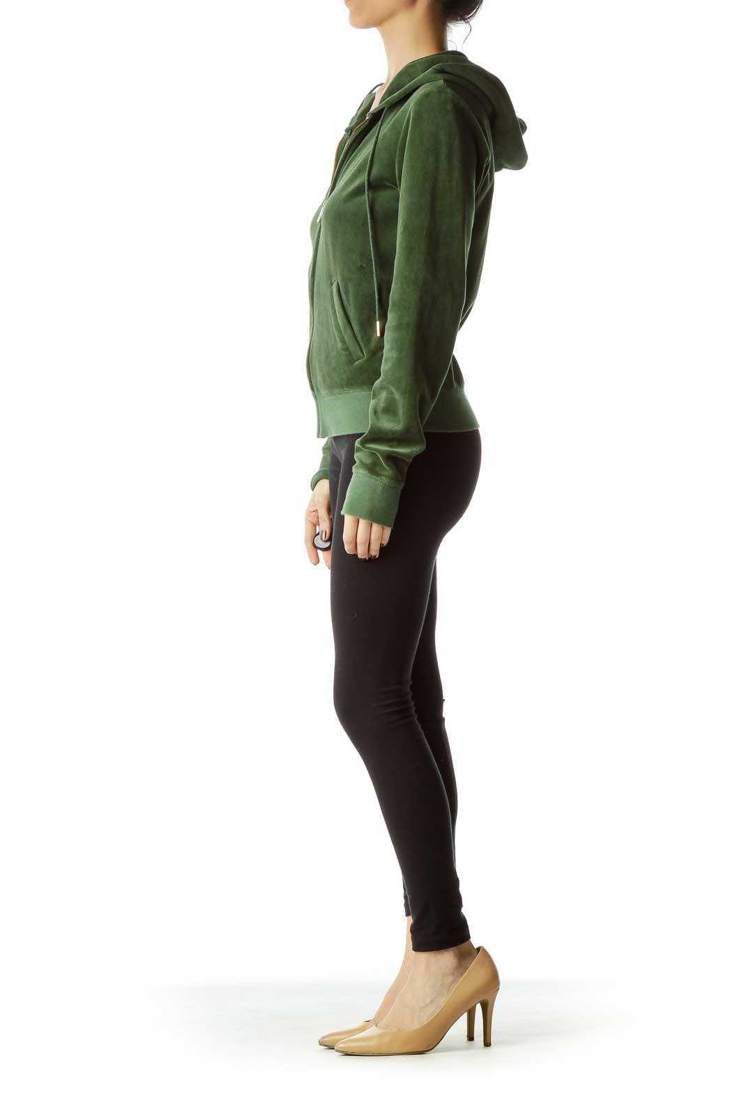 Green Hooded Velvet Full Zip Sweatshirt