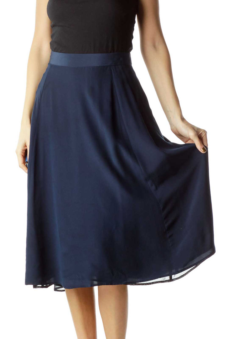 Navy Silk Flared Skirt