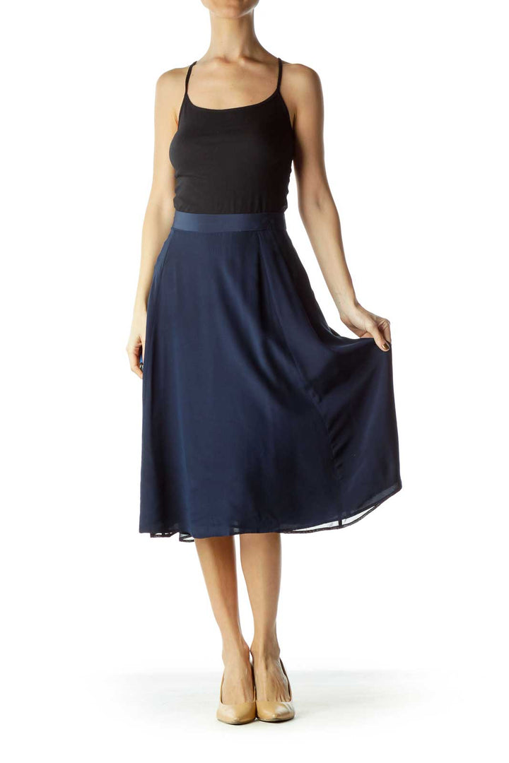 Navy Silk Flared Skirt