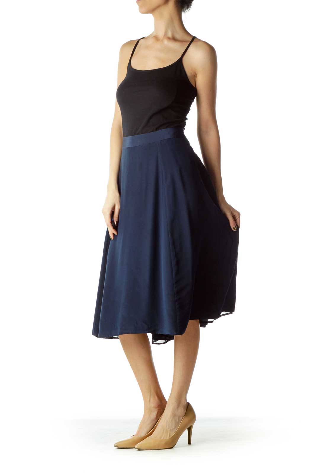 Navy Silk Flared Skirt