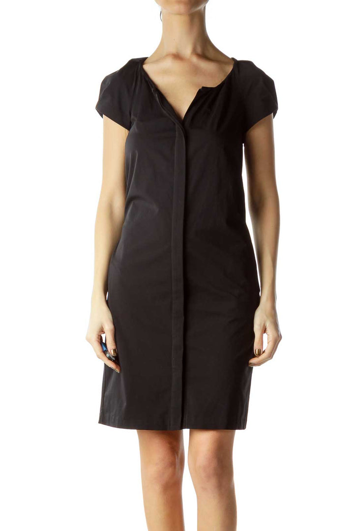 Black Short-Sleeve Pocketed Shirt Dress