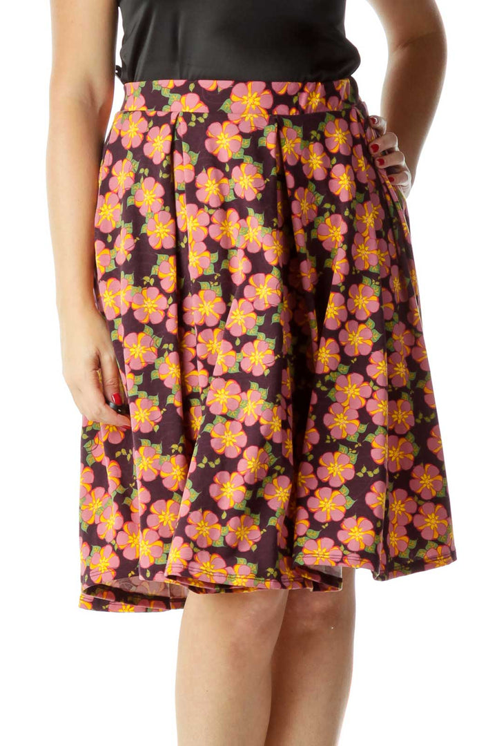 Pink Purple Flower Print Flared Skirt