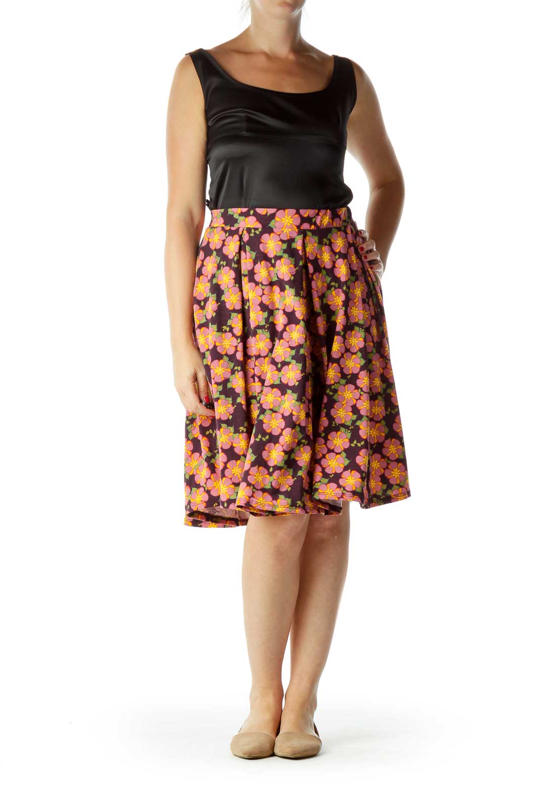 Pink Purple Flower Print Flared Skirt